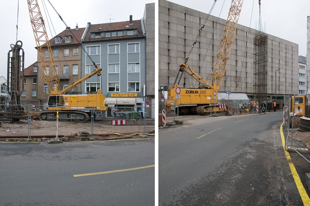 16. August 2005 links: Schlitzwandbagger an der Einmündung zum Georgsplatz rechts: Schlitzwandarbeiten vor dem Historischen Archiv. Kran mit angehängtem Armierungskorb